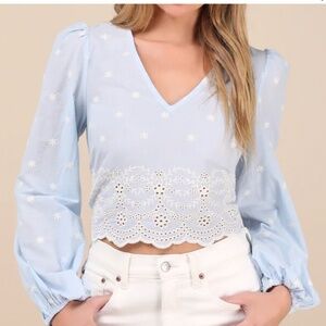 Lulus Mavery Light Blue Eyelet Embroidered Long Sleeve Top